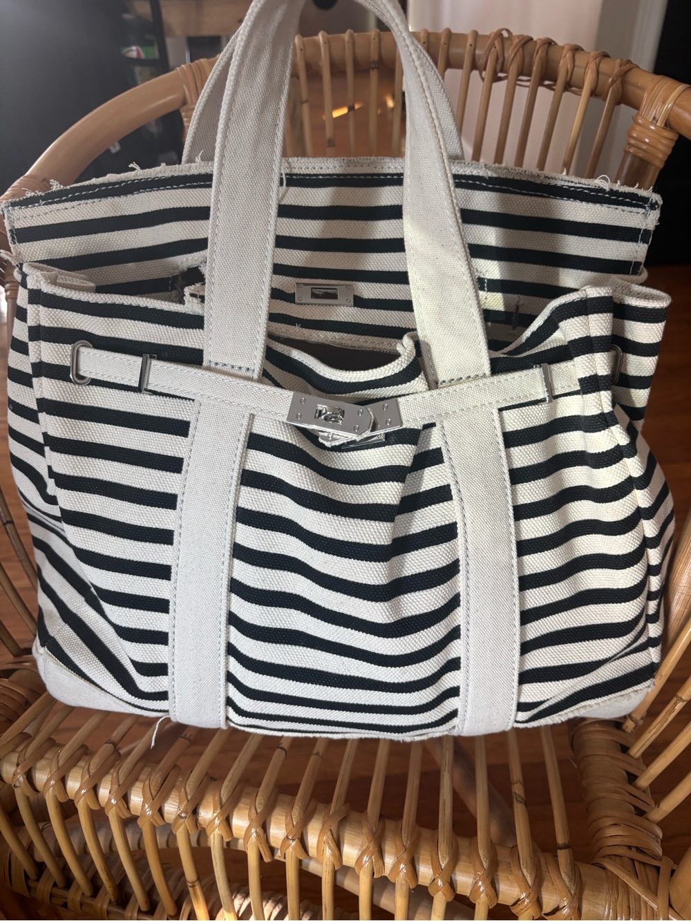 Striped Canvas Tote Bag - Black & White
